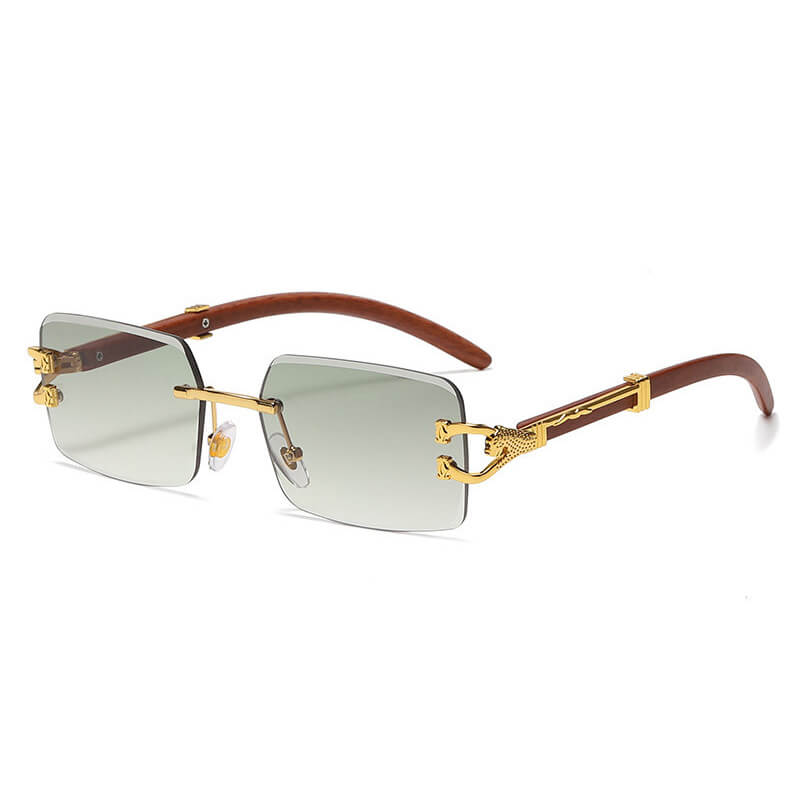 Faux Wood Grain Panther Rectangle Rimless Sunglasses