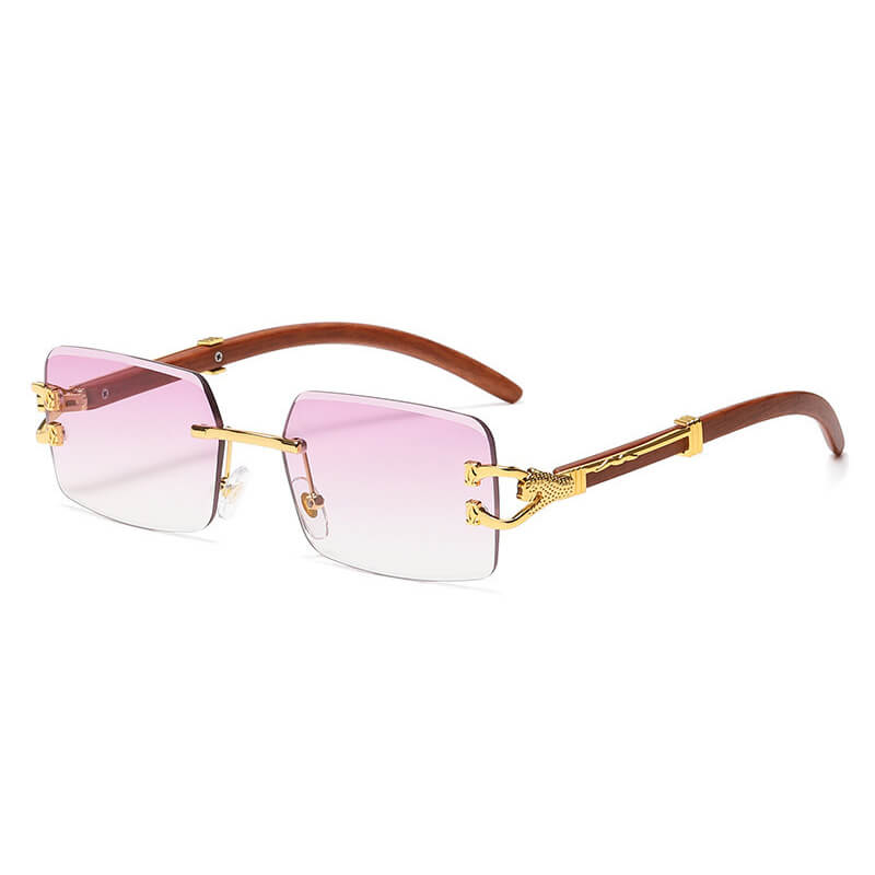 Faux Wood Grain Panther Rectangle Rimless Sunglasses