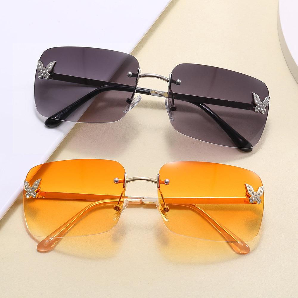 Butterfly Design Rectangular Rimless Gradient Tinted Sunglasses