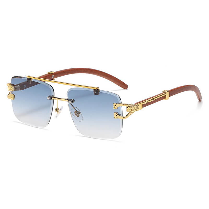 Faux Wood Grain Panther Rimless Sunglasses