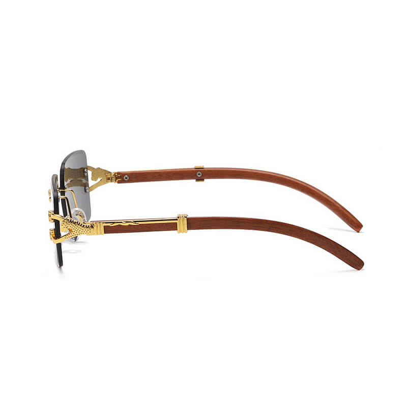 Faux Wood Grain Panther Rectangle Rimless Sunglasses