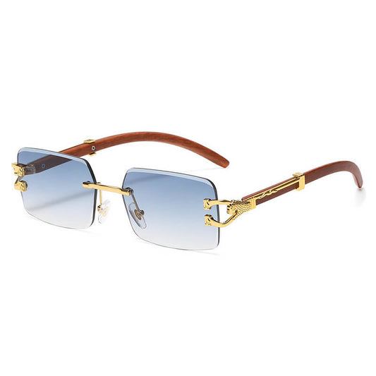 Faux Wood Grain Panther Rectangle Rimless Sunglasses