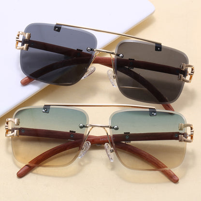 Rectangle Faux Wood Temple Grain Panther Sunglasses