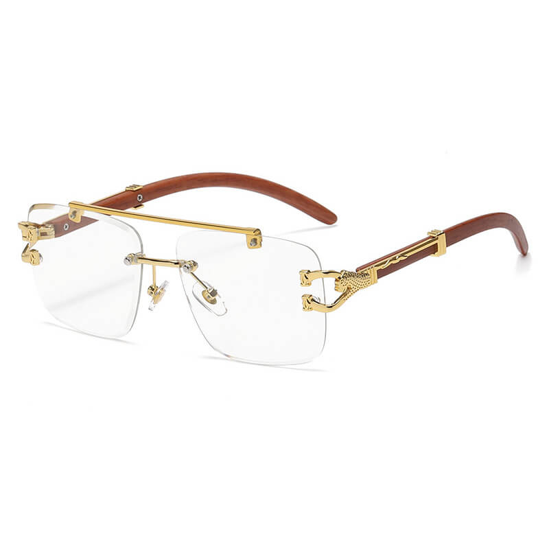 Faux Wood Grain Panther Rimless Sunglasses