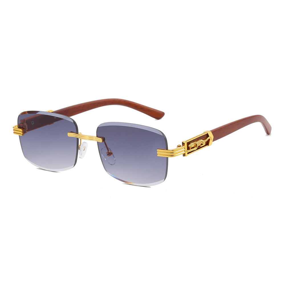 Rimless Rectangle Faux Wood Temple Sunglasses