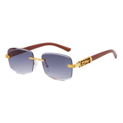 Rimless Rectangle Faux Wood Temple Sunglasses