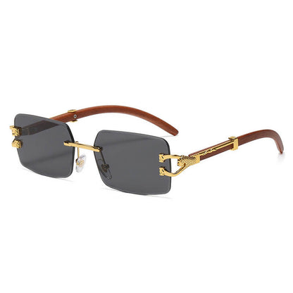 Faux Wood Grain Panther Rectangle Rimless Sunglasses