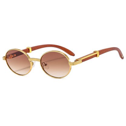 Retro Vintage Faux Wood Small Round Metal Sunglasses