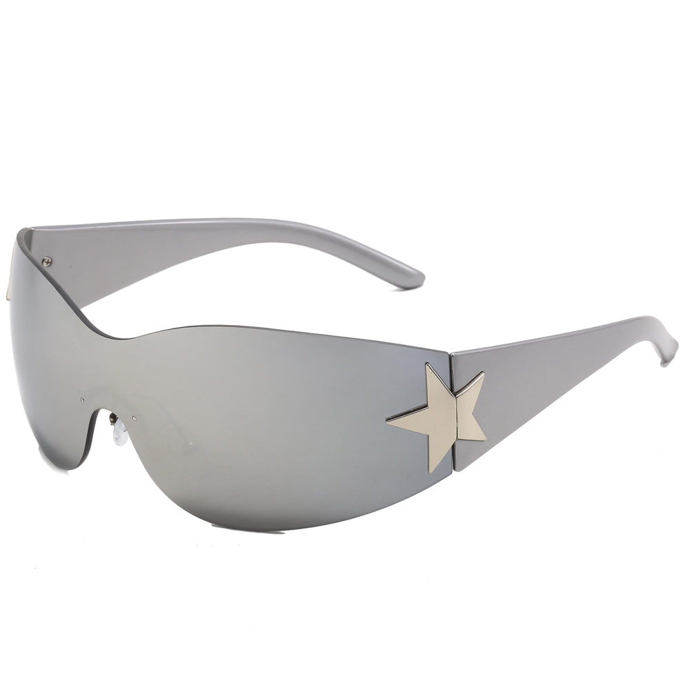 Oversized Rimless Wrap Around Shield Y2K Star Sunglasses