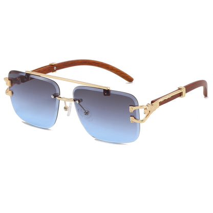 Rectangle Faux Wood Temple Grain Panther Sunglasses