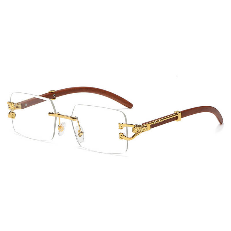 Faux Wood Grain Panther Rectangle Rimless Sunglasses