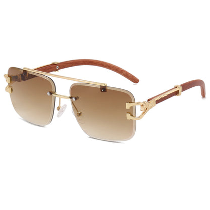 Rectangle Faux Wood Temple Grain Panther Sunglasses