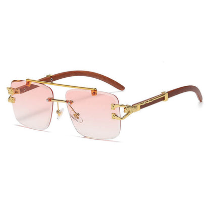 Faux Wood Grain Panther Rimless Sunglasses