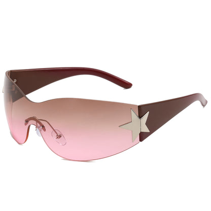 Oversized Rimless Wrap Around Shield Y2K Star Sunglasses