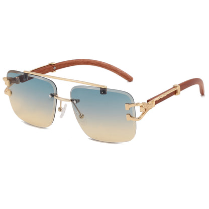 Rectangle Faux Wood Temple Grain Panther Sunglasses