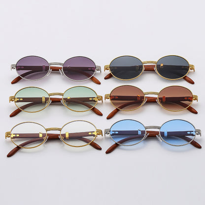 Retro Vintage Faux Wood Small Round Metal Sunglasses