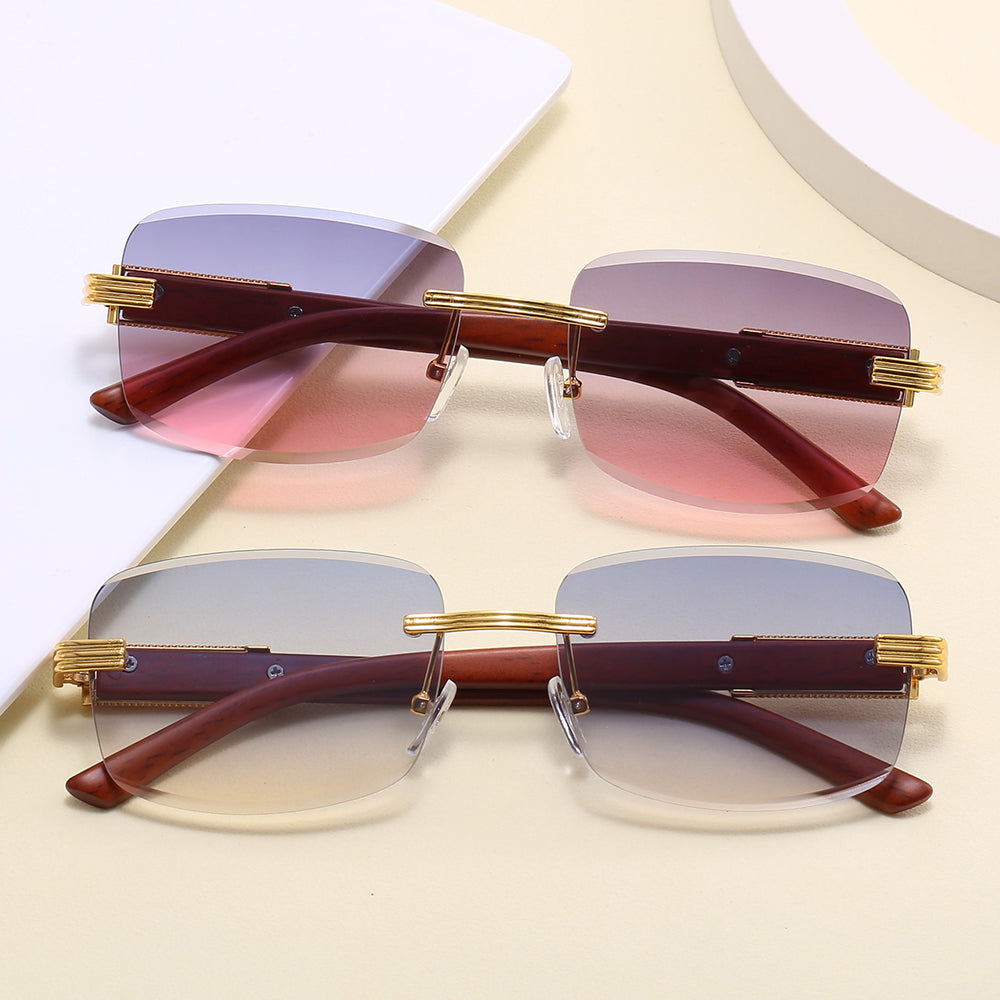 Rimless Rectangle Faux Wood Temple Sunglasses