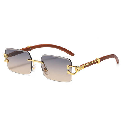 Faux Wood Grain Panther Rectangle Rimless Sunglasses