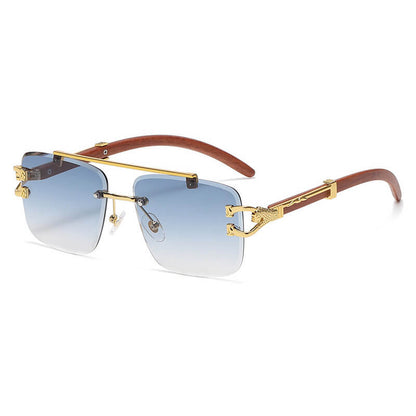 Faux Wood Grain Panther Rimless Sunglasses