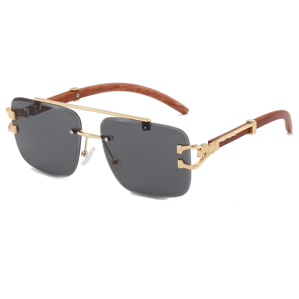 Rectangle Faux Wood Temple Grain Panther Sunglasses