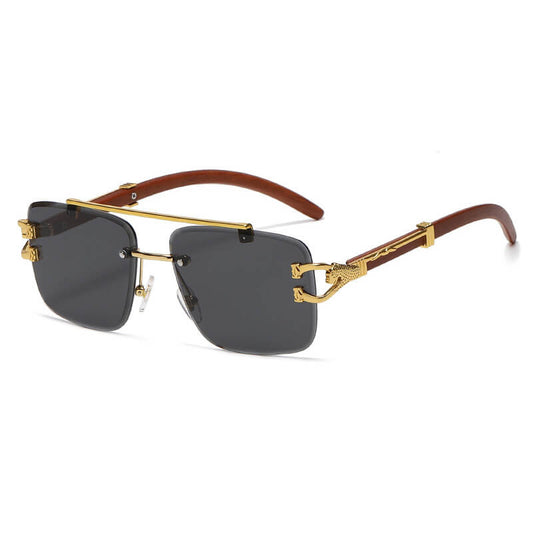 Faux Wood Grain Panther Rimless Sunglasses