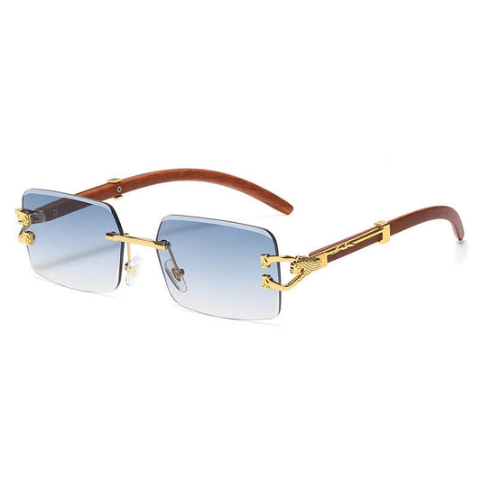 Faux Wood Grain Panther Rectangle Rimless Sunglasses