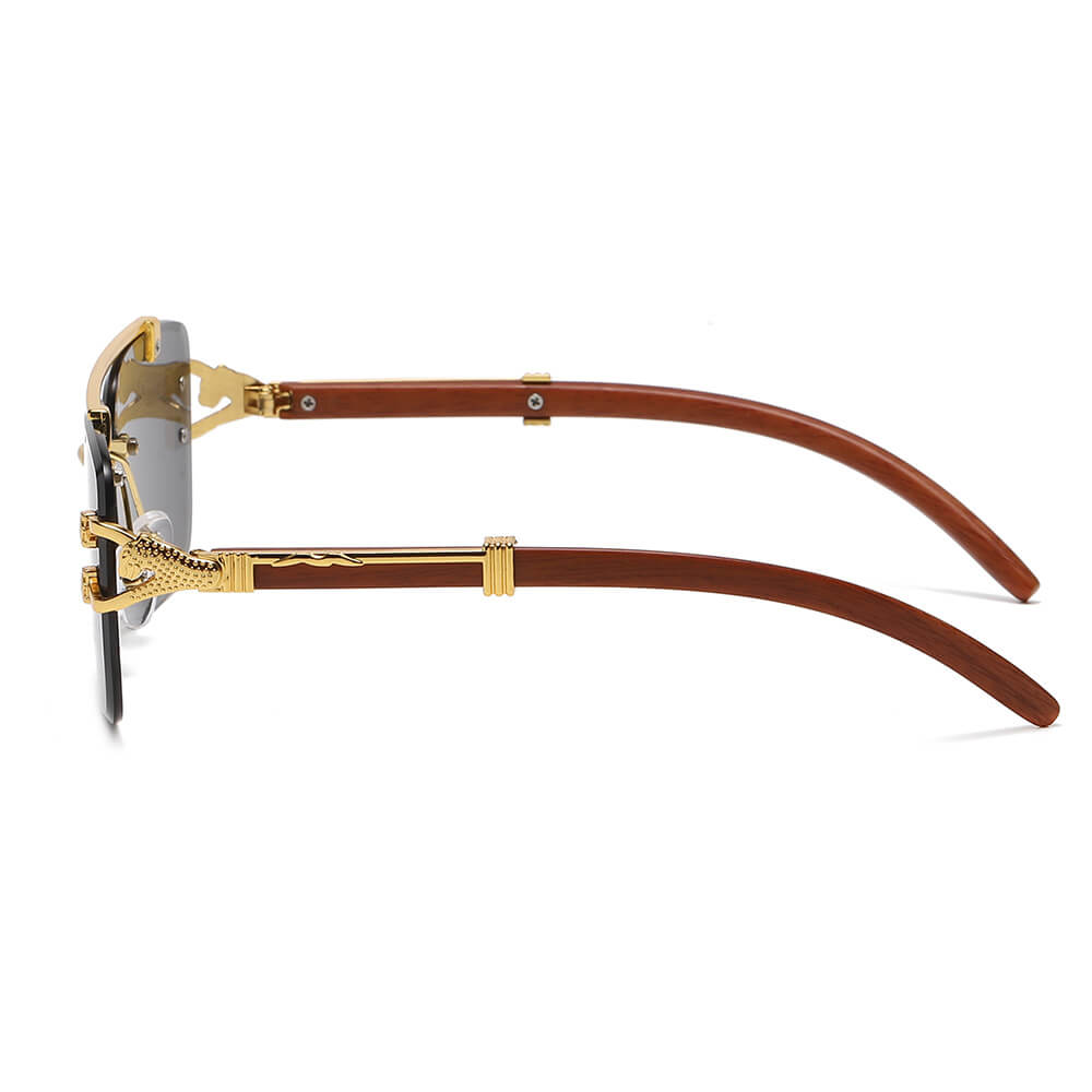 Faux Wood Grain Panther Rimless Sunglasses