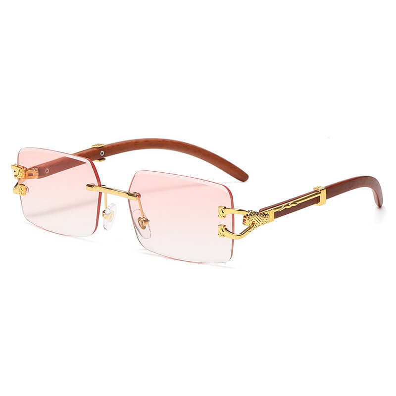 Faux Wood Grain Panther Rectangle Rimless Sunglasses