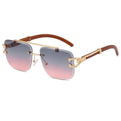 Rectangle Faux Wood Temple Grain Panther Sunglasses