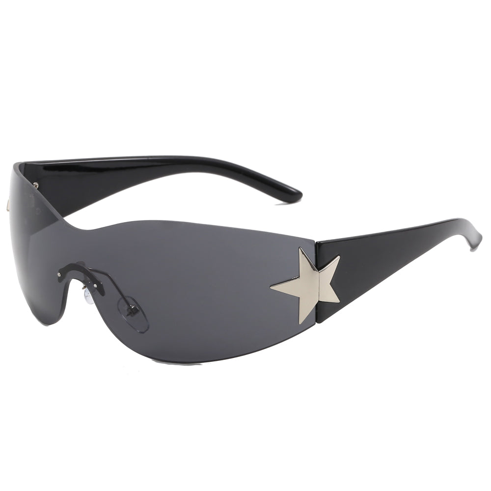 Oversized Rimless Wrap Around Shield Y2K Star Sunglasses