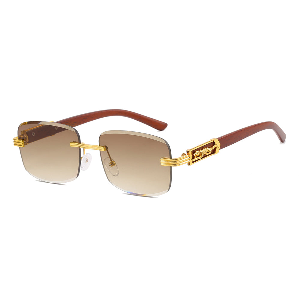 Rimless Rectangle Faux Wood Temple Sunglasses