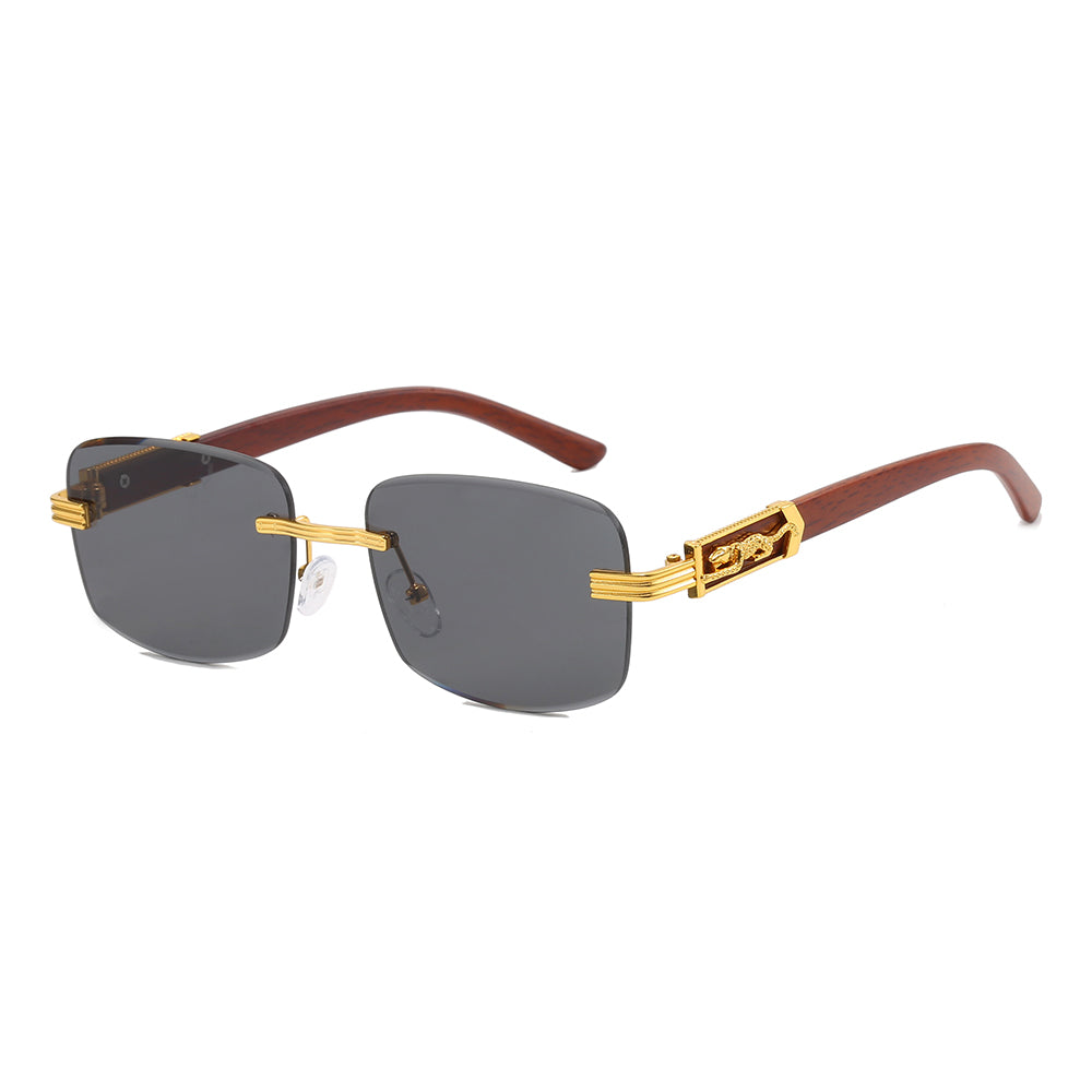 Rimless Rectangle Faux Wood Temple Sunglasses