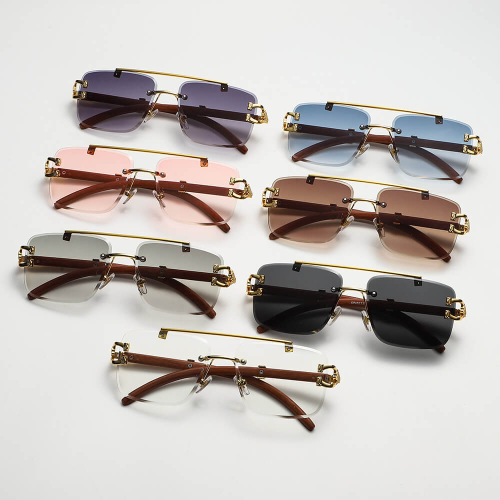 Faux Wood Grain Panther Rimless Sunglasses