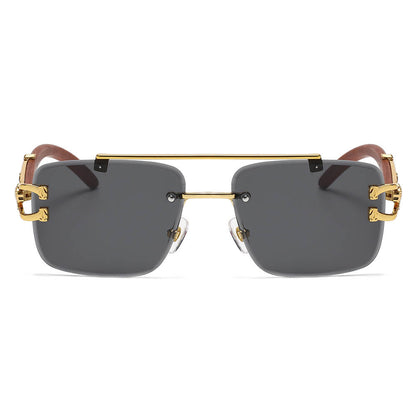 Faux Wood Grain Panther Rimless Sunglasses