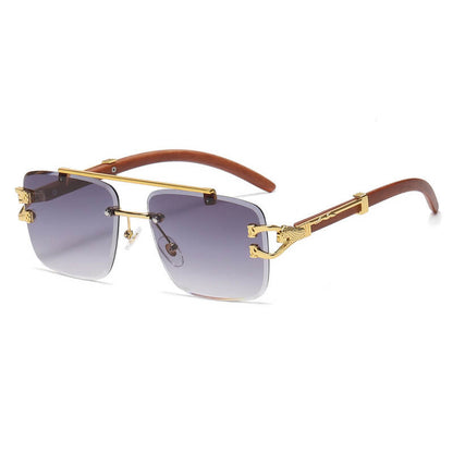 Faux Wood Grain Panther Rimless Sunglasses