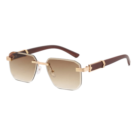 Faux Wood Small Rectangle Rimless Sunglasses