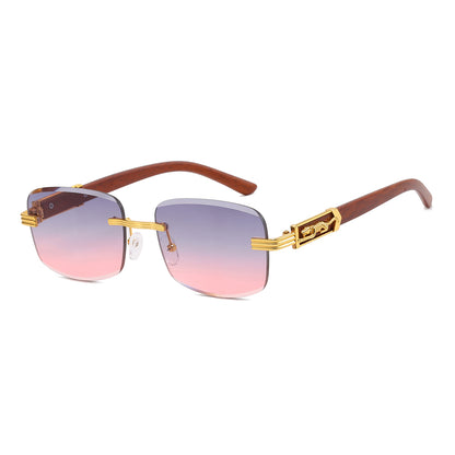 Rimless Rectangle Faux Wood Temple Sunglasses