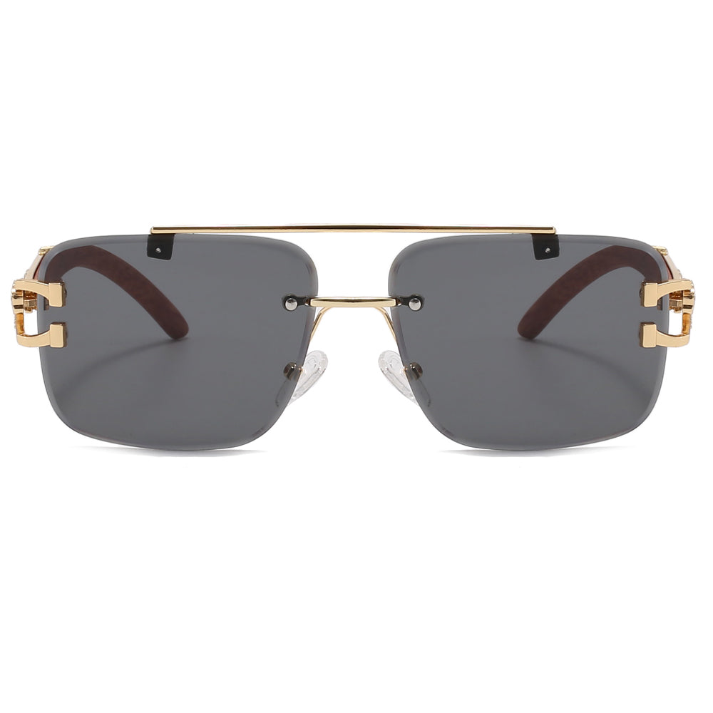 Rectangle Faux Wood Temple Grain Panther Sunglasses