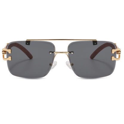 Rectangle Faux Wood Temple Grain Panther Sunglasses