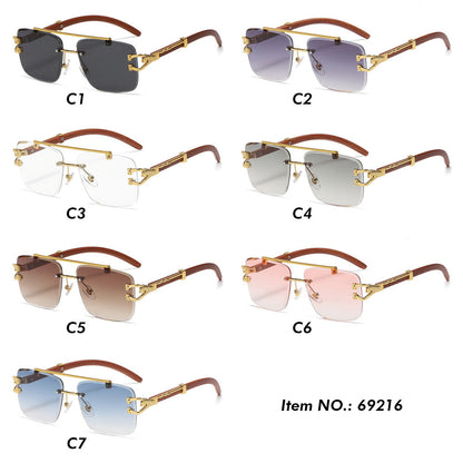 Faux Wood Grain Panther Rimless Sunglasses