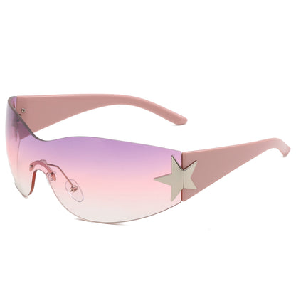 Oversized Rimless Wrap Around Shield Y2K Star Sunglasses