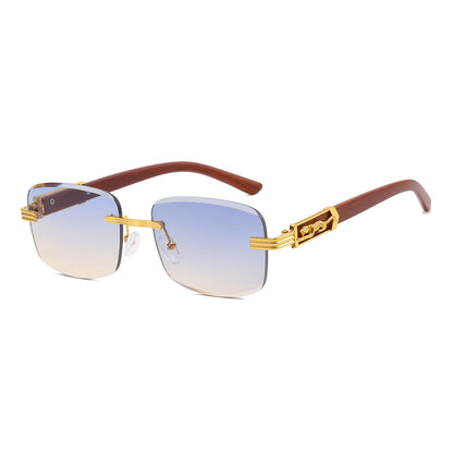 Rimless Rectangle Faux Wood Temple Sunglasses